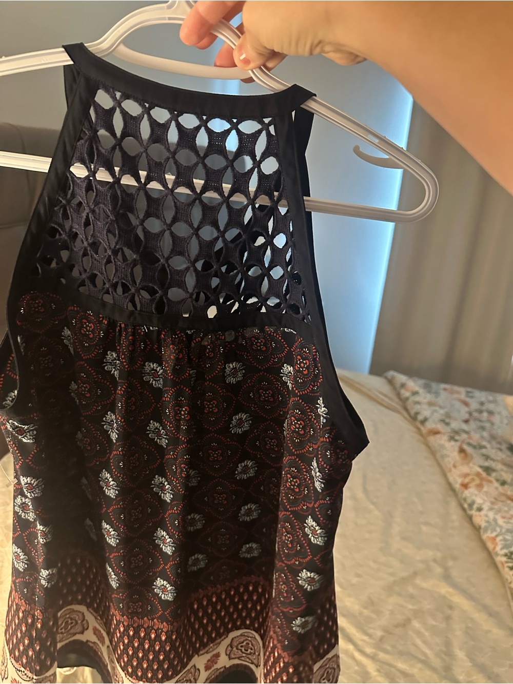 DR2 Black Crochet Yoke Tank with Red and Cream Floral Print